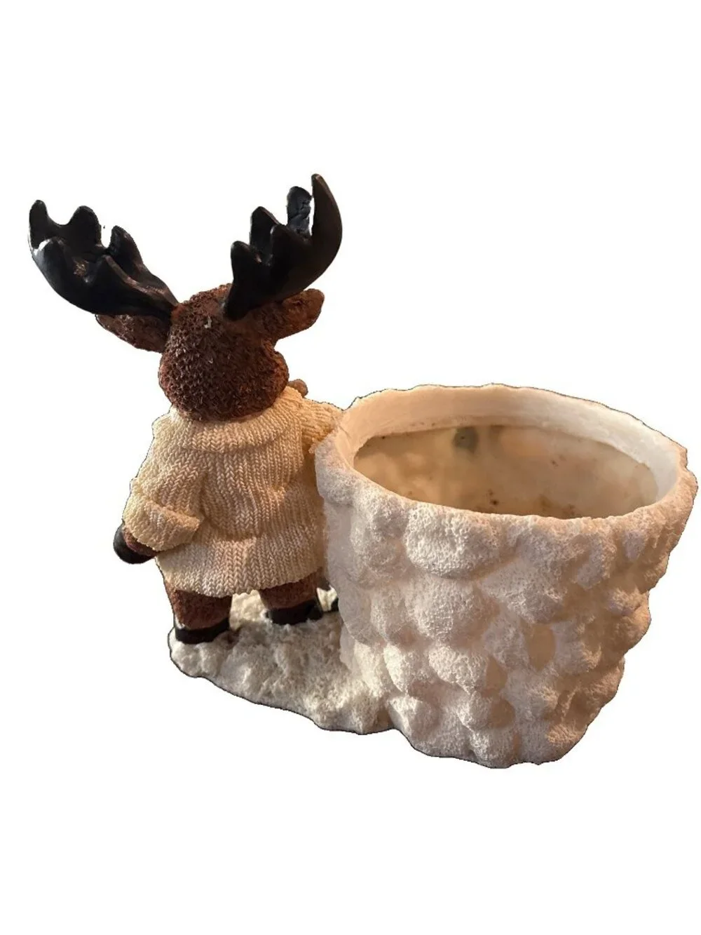 Christmas Winter 7.5” Moose holding Bear & 4” side Planter/Candle Holder
